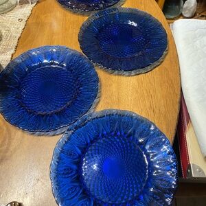 Royal sapphire cobalt blue glass salad plates. France. Set of 4. Excellent cond